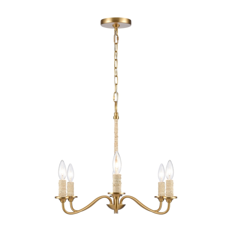 Gold chandelier with 6 arms, natural rope accents, and elegant candelabra bulbs.