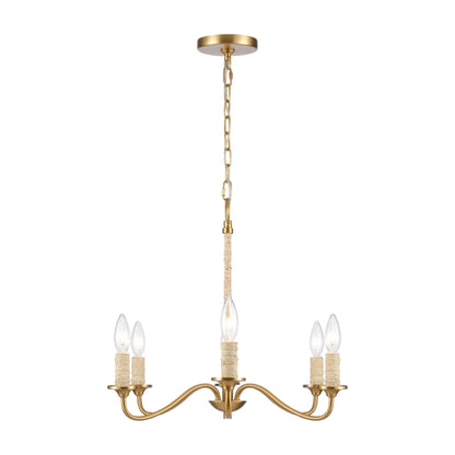 Gold chandelier with 6 arms, natural rope accents, and elegant candelabra bulbs.