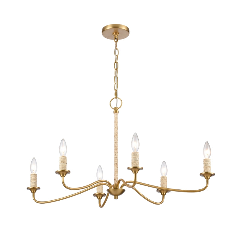 Gold chandelier featuring six arms, natural rope accents, and classic candelabra bulbs.