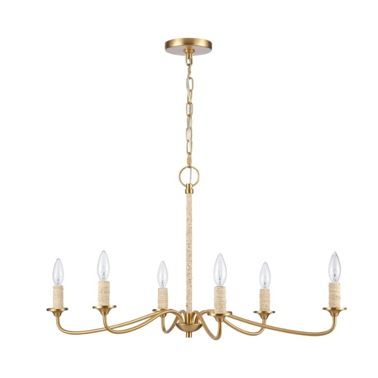 Gold chandelier with a sleek design, featuring six rope-wrapped arms and candelabra bulbs.