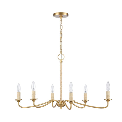 Gold chandelier with a sleek design, featuring six rope-wrapped arms and candelabra bulbs.