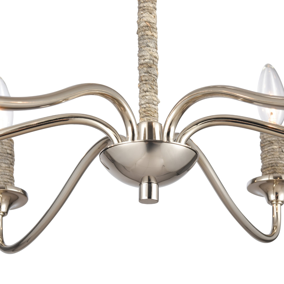 Nickel chandelier base with rope detail and curved arms.