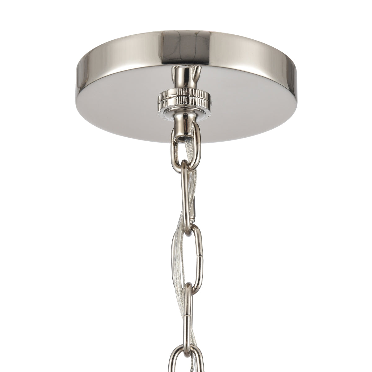 Nickel chandelier canopy with chain attachment for ceiling mount.