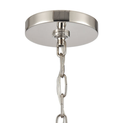 Nickel chandelier canopy with chain attachment for ceiling mount.