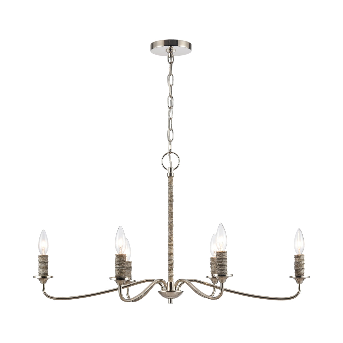 Nickel chandelier with six arms and natural rope detailing, candelabra-style bulbs.