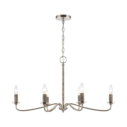 Nickel chandelier with six arms and natural rope detailing, candelabra-style bulbs.