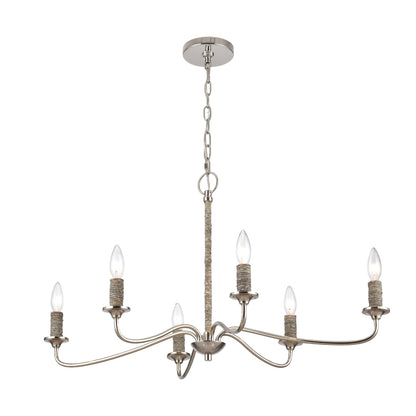 Polished nickel chandelier with six arms, rope accents, and classic candelabra bulbs.