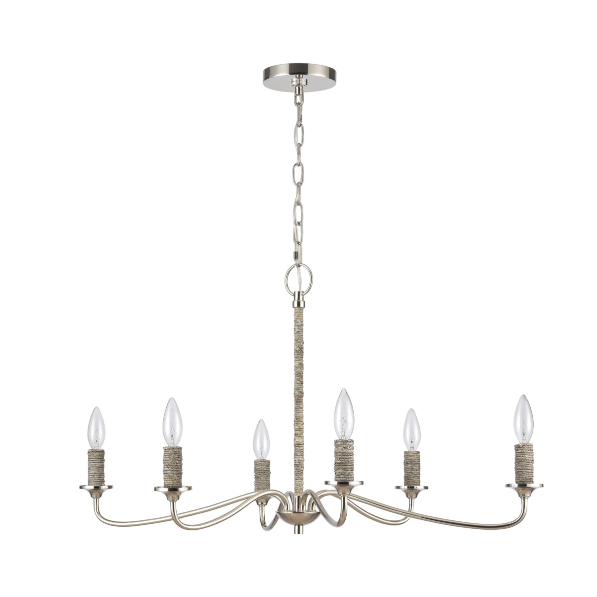 Polished nickel chandelier with rope-wrapped accents and six curved arms.