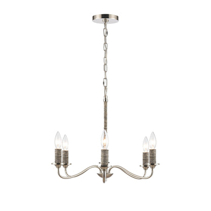 Nickel chandelier with a modern look, featuring six rope-wrapped arms and candelabra bulbs.