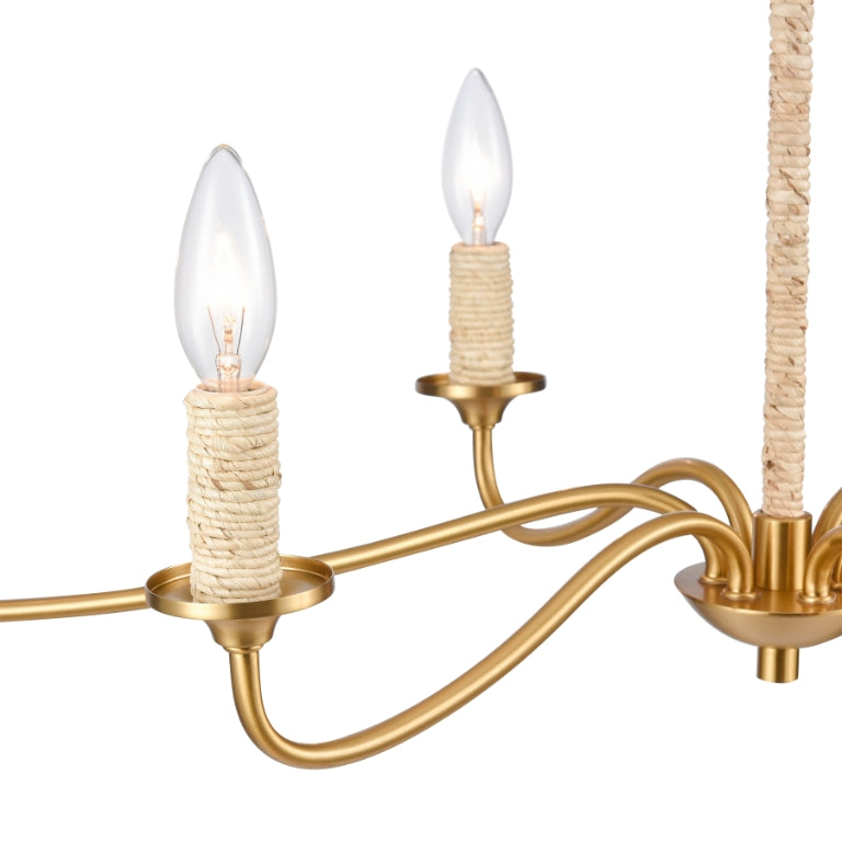 Gold chandelier arm with abaca rope detail and candelabra bulb holder.