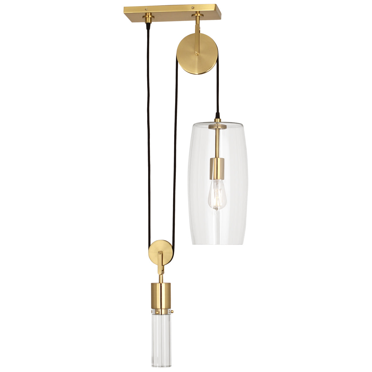 Brass Adjustable Drop Height Pendant Light with Clear Glass Shade.