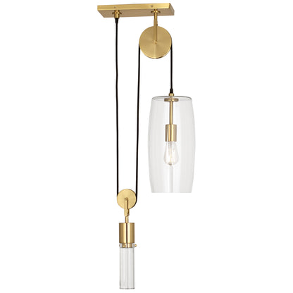 Brass Adjustable Drop Height Pendant Light with Clear Glass Shade.