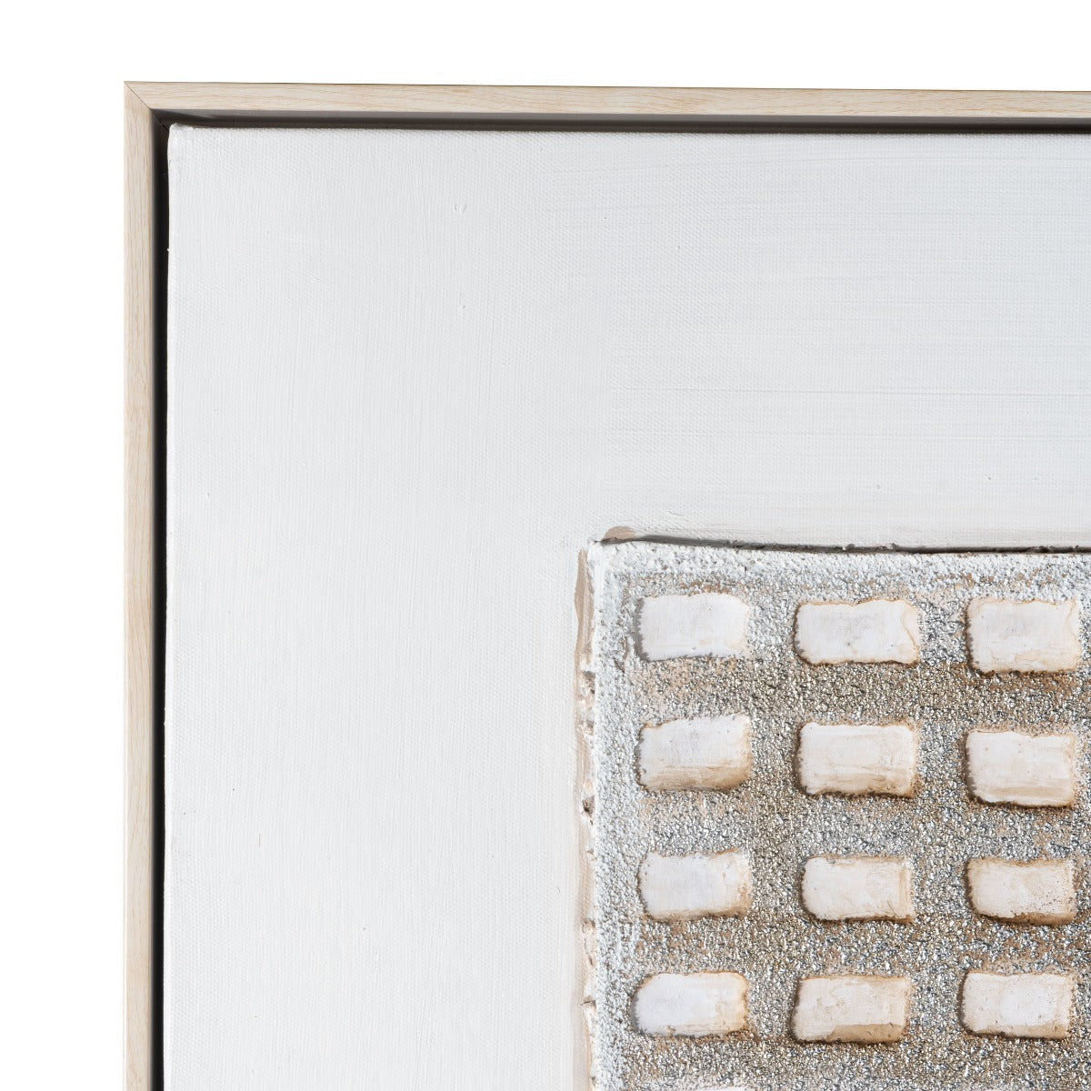 Detailed corner view of wood-colored polycomposite frame with textured artwork.