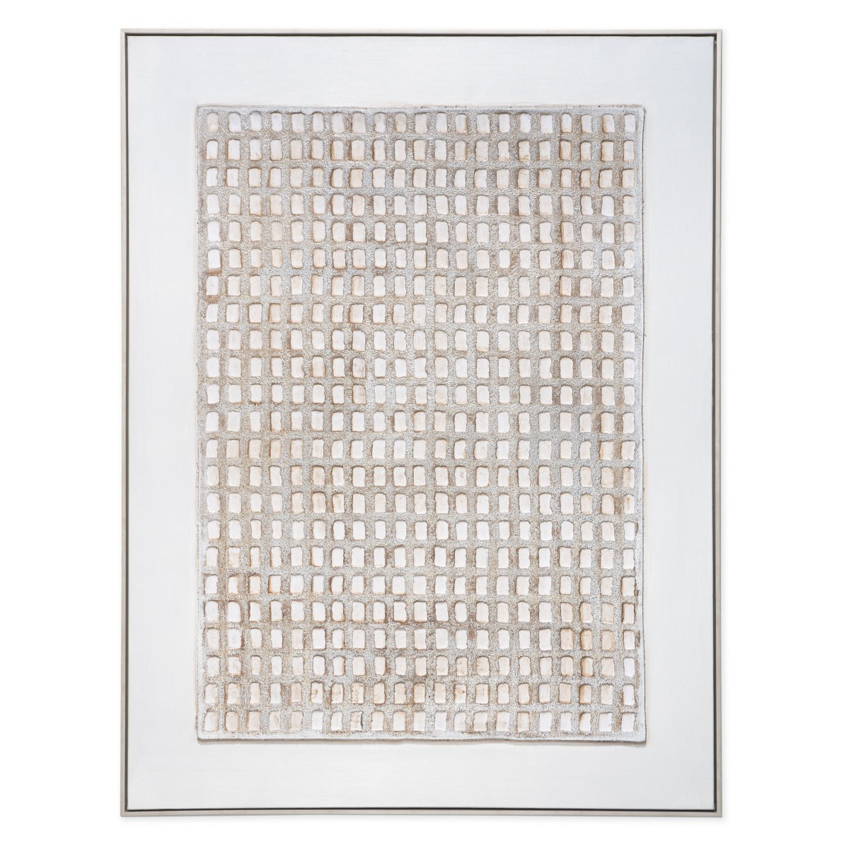 Textured hand-painted canvas with raised square patterns in a neutral brown and white palette.