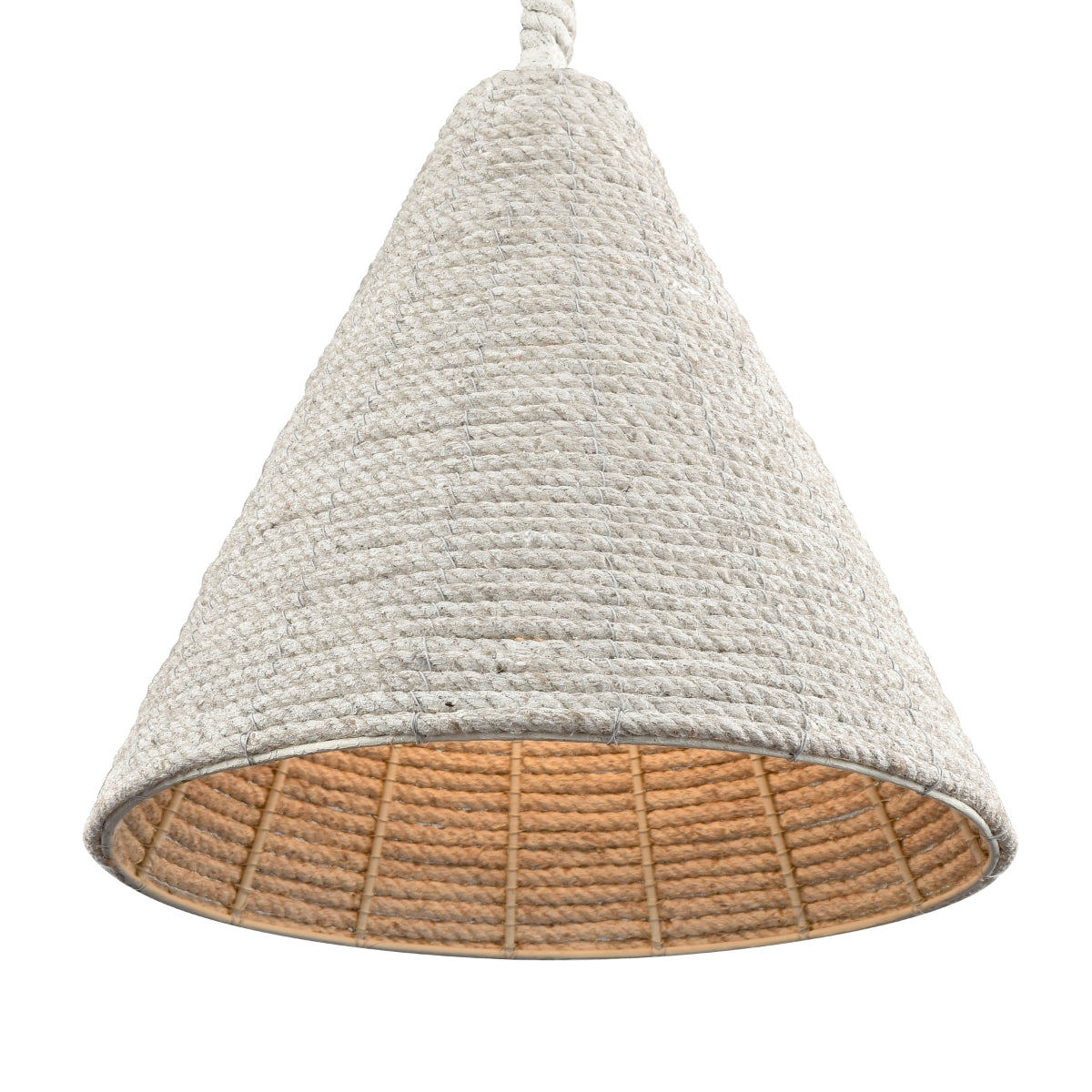 Close-up of the cone-shaped off-white rope shade of the Air Loom 16.5” Wide Pendant Light, highlighting its craftsmanship.