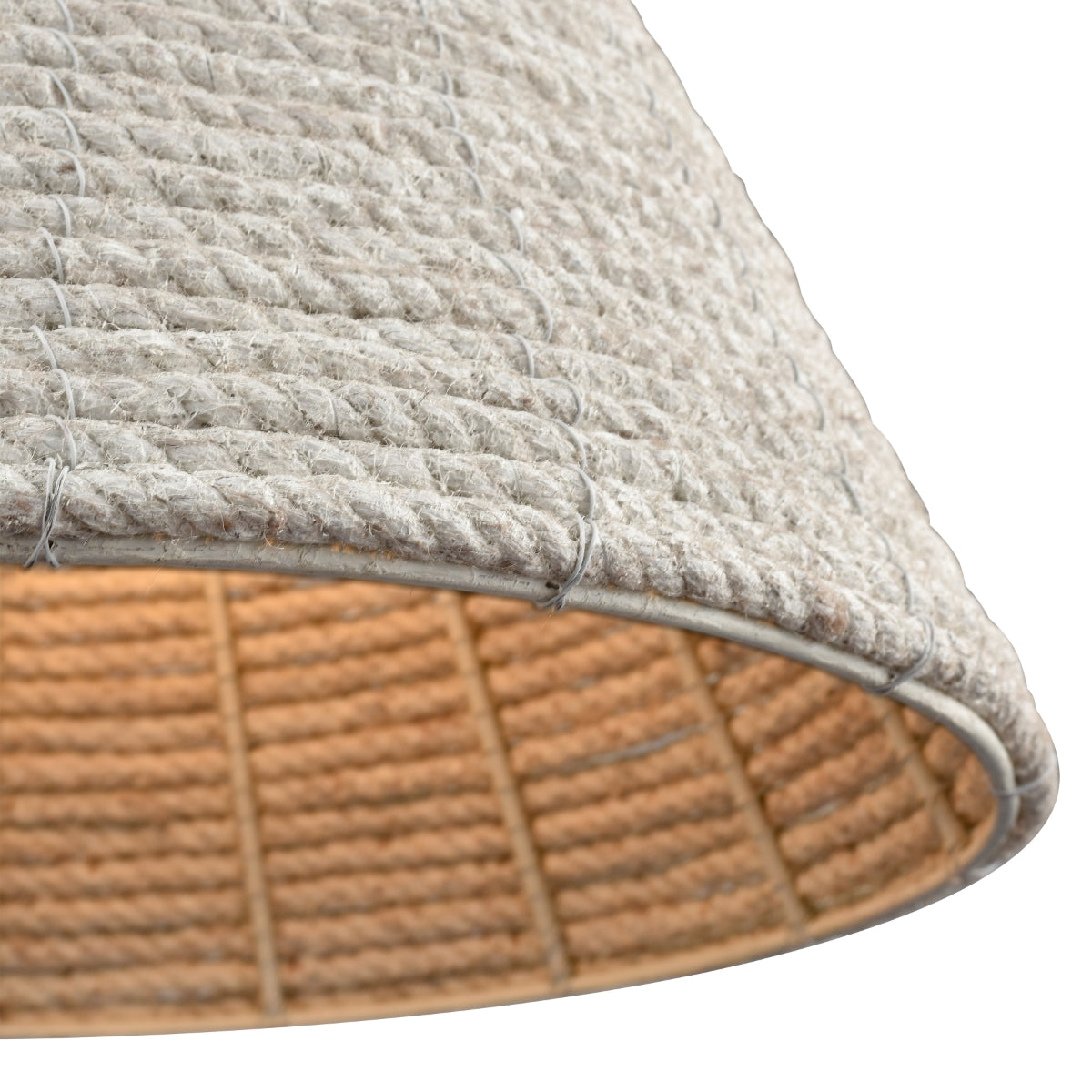 Close-up of the hand-wrapped rope texture and warm glow on the Air Loom 16.5” Wide Pendant Light.