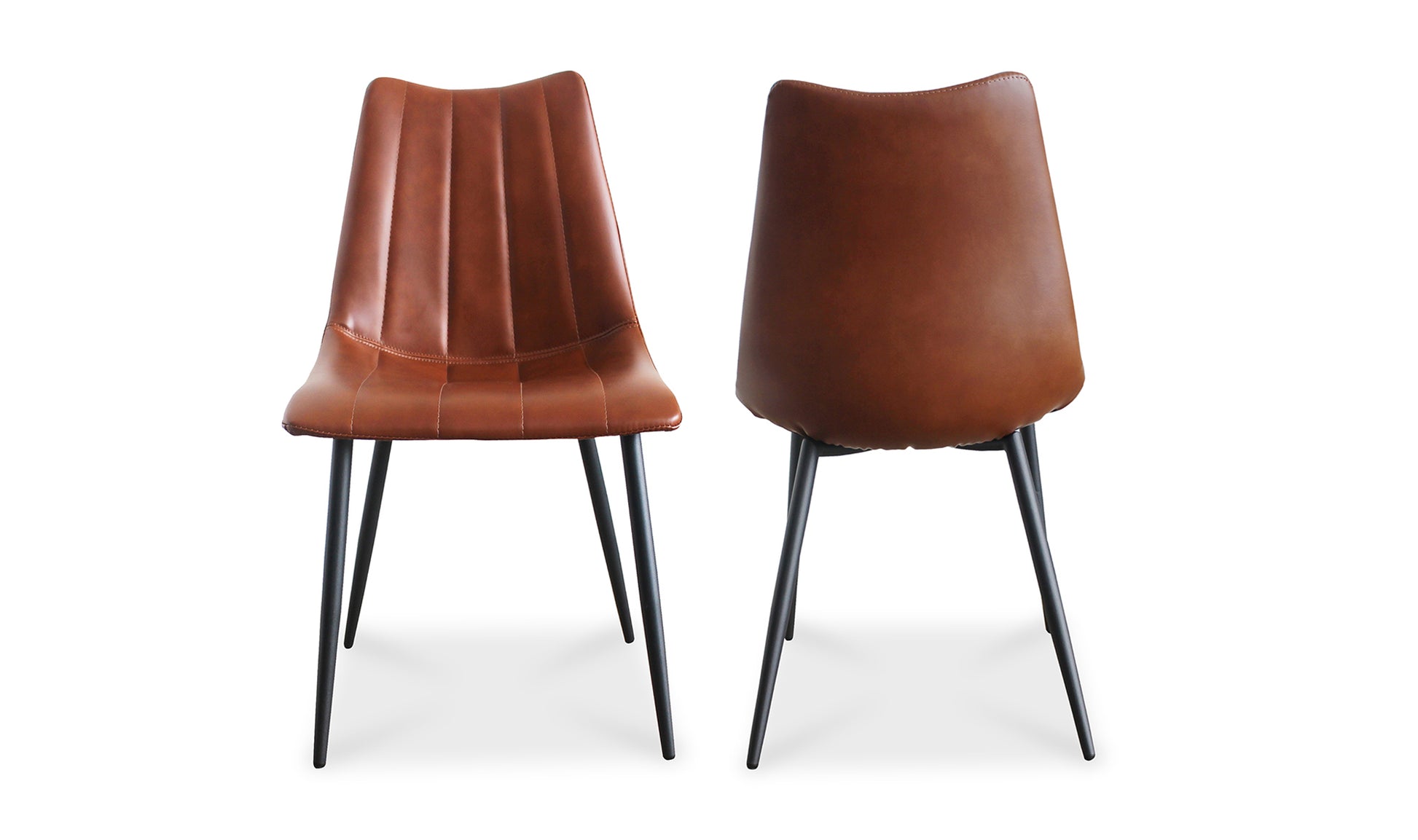 Front and back view of the Alibi brown leather dining chair showcasing sleek brown vegan leather upholstery with tapered metal legs.