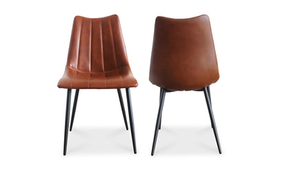 Front and back view of the Alibi brown leather dining chair showcasing sleek brown vegan leather upholstery with tapered metal legs.