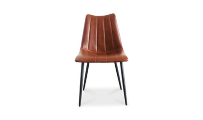 Front view of the Alibi brown leather dining chair with black metal legs.