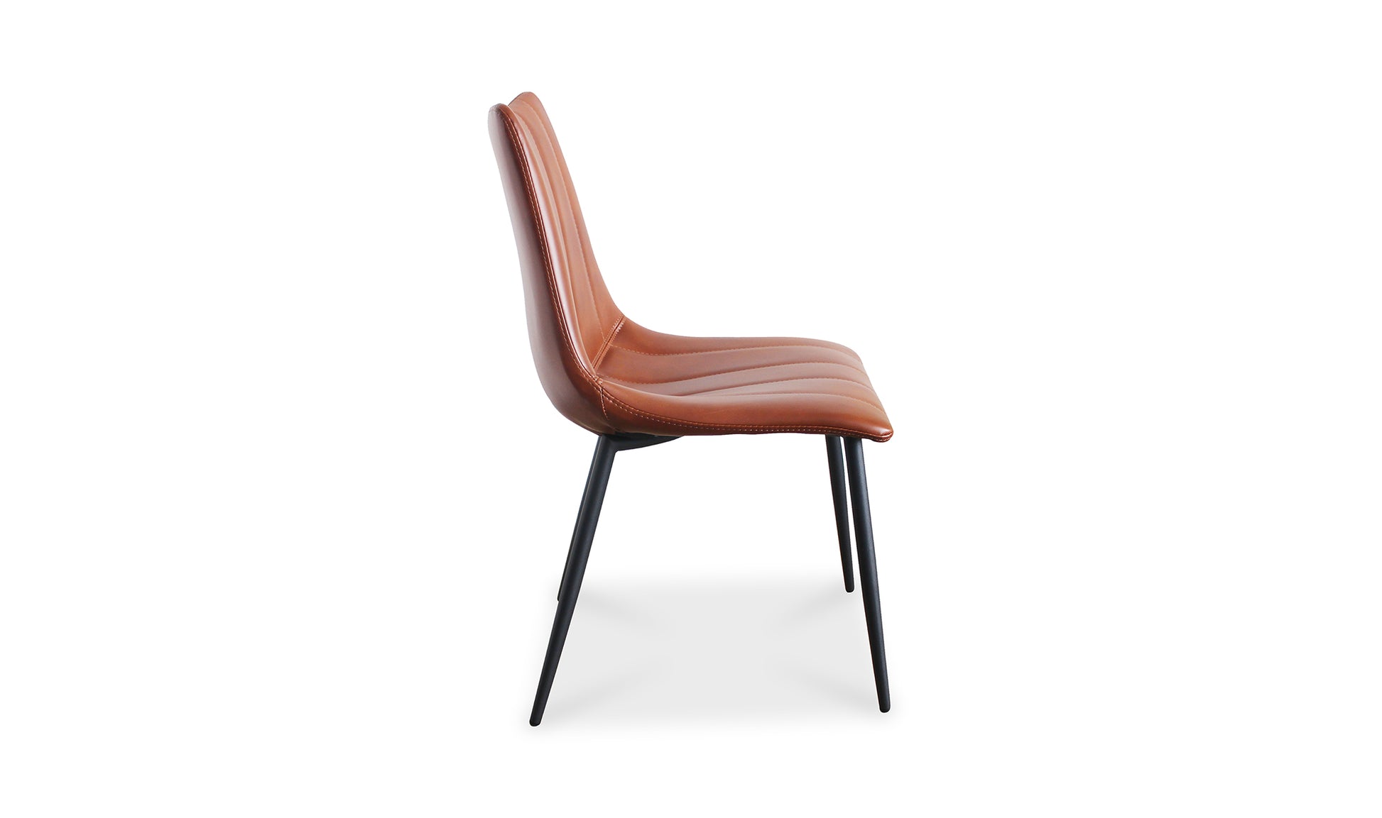 Side view of the Alibi contemporary leather dining chair in brown vegan leather with tapered metal legs