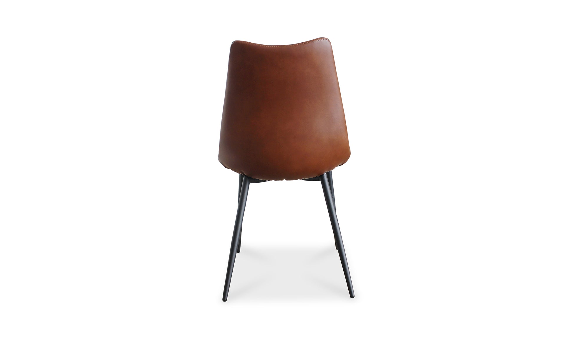 Back view of the Alibi leather contemporary dining chair in brown vegan leather, showcasing sleek design