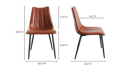 Alibi leather contemporary dining chair front and side dimensions view.