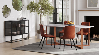 Alibi leather contemporary dining chairs in a modern dining room setting, featuring brown vegan leather