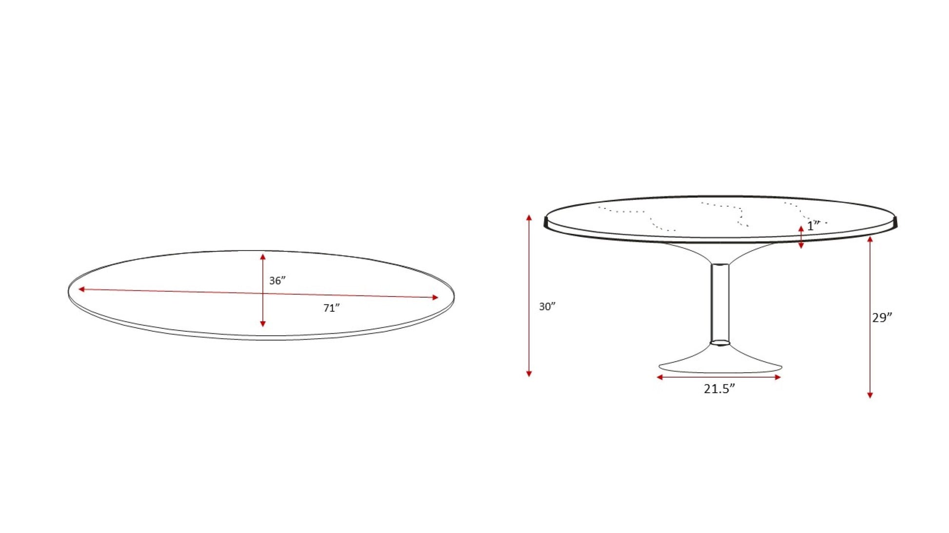 Black oval dining table with dimensions outlined.