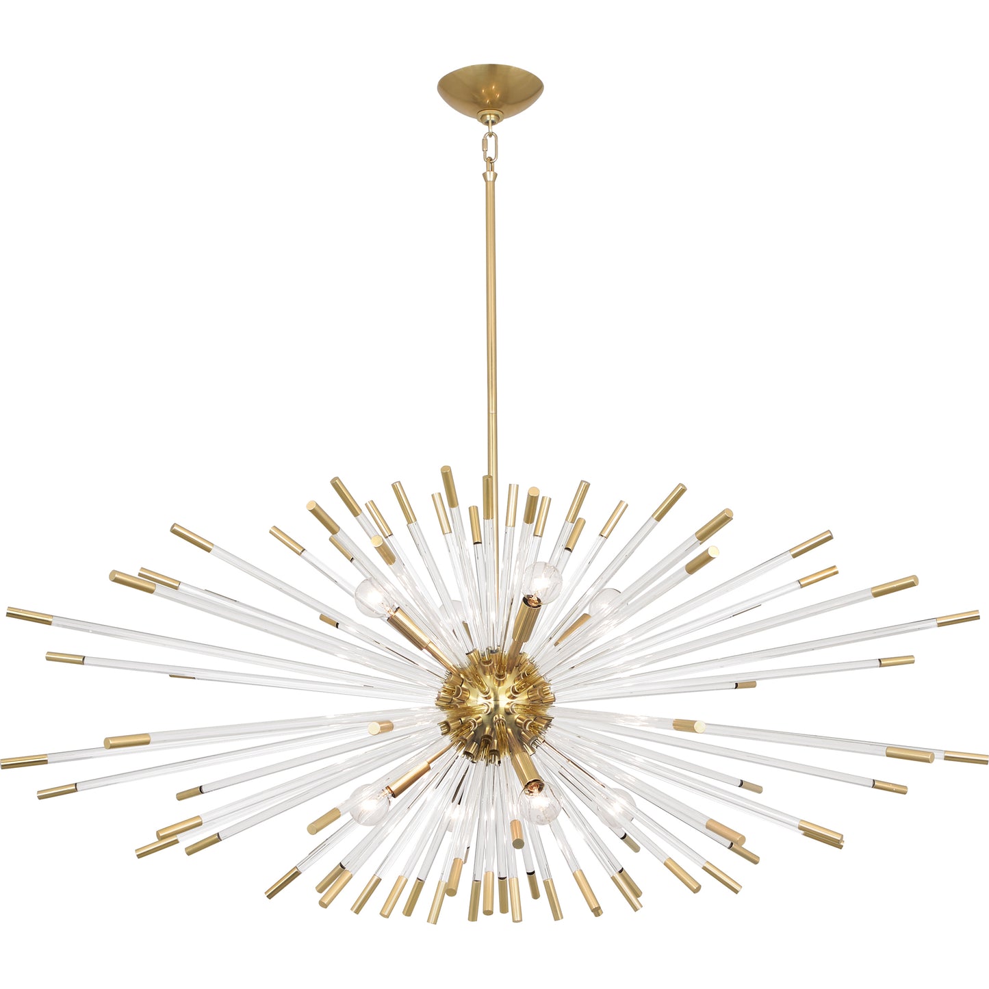 Brass chandelier with Lucite rods radiating from a central hub in an elegant starburst design.