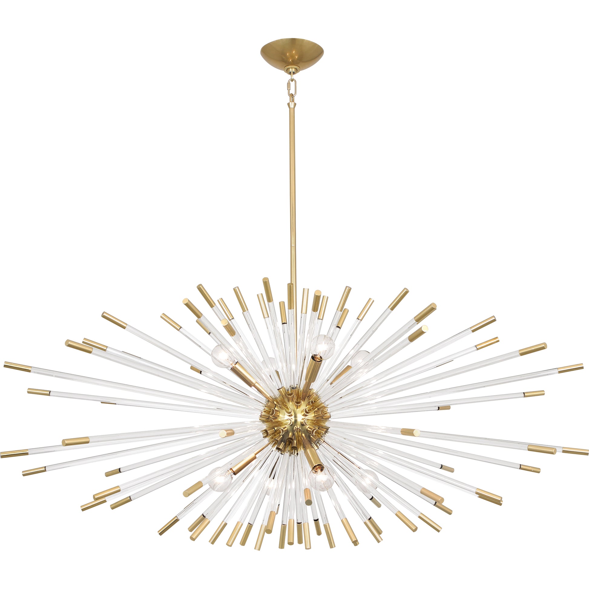 Brass chandelier with Lucite rods radiating from a central hub in an elegant starburst design.