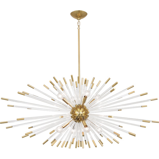 Brass chandelier with Lucite rods radiating from a central hub in an elegant starburst design.