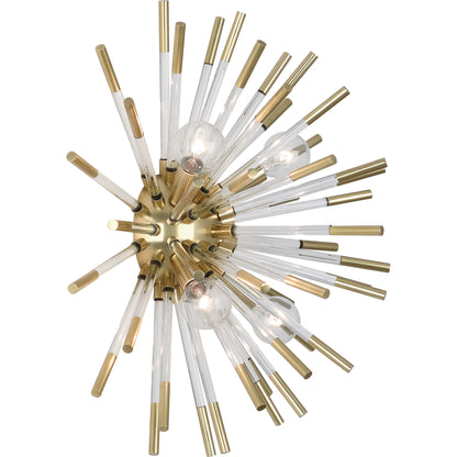 Brass sputnik-style wall sconce with clear acrylic rods and warm brass finish.