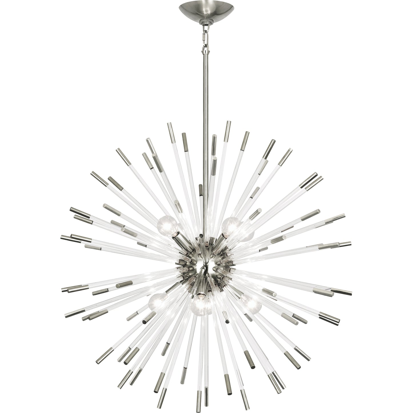 Polished nickel Andromeda modern pendant with clear acrylic rods and radiant starburst design.