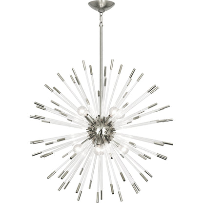 Polished nickel Andromeda modern pendant with clear acrylic rods and radiant starburst design.