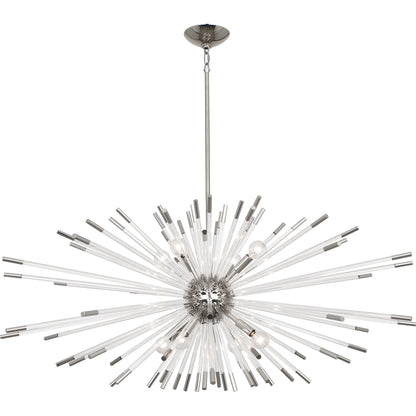 Polished nickel starburst chandelier with clear acrylic rods and a modern metallic finish.