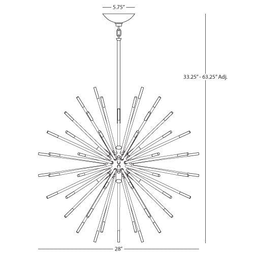 Andromeda pendant light line drawing showing dimensions and adjustable drop height.