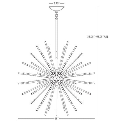 Andromeda pendant light line drawing showing dimensions and adjustable drop height.