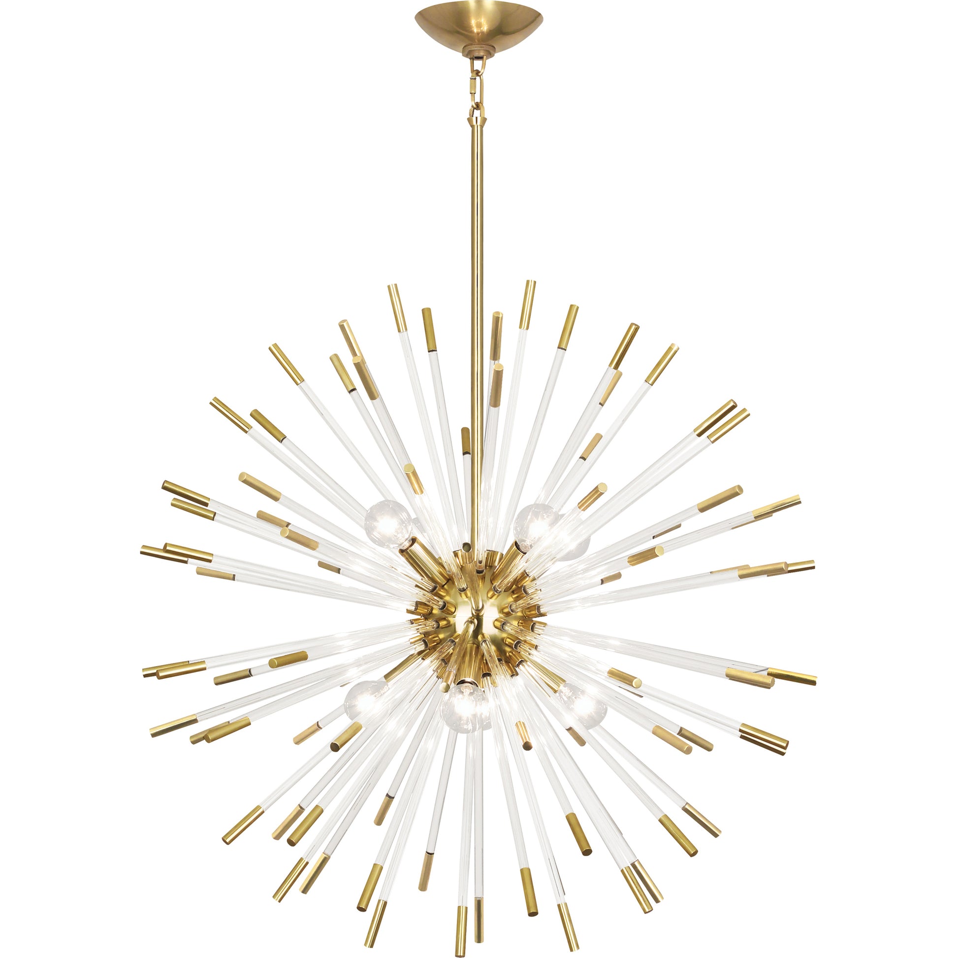 Modern brass Andromeda pendant light featuring clear acrylic rods and warm metallic finish.