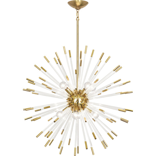 Modern brass Andromeda pendant light featuring clear acrylic rods and warm metallic finish.