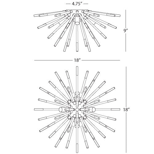 Detailed dimensions diagram of the Andromeda wall sconce, showing 18” width and 9” depth.