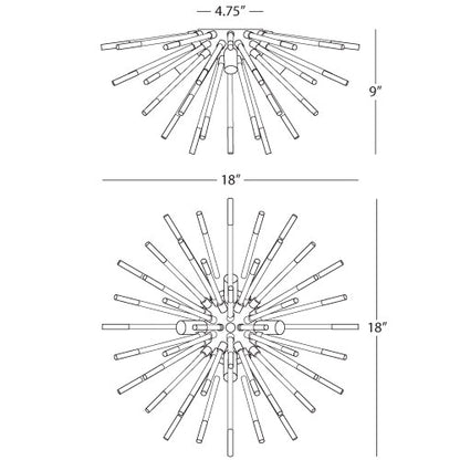 Detailed dimensions diagram of the Andromeda wall sconce, showing 18” width and 9” depth.