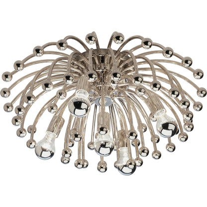 Polished nickel flushmount ceiling light, featuring reflective spheres and five silver-tipped bulbs for dining spaces.