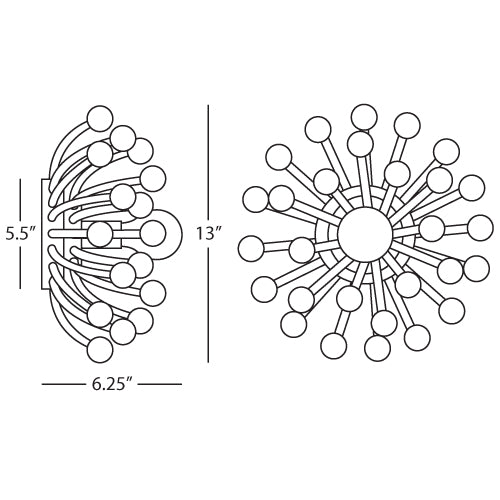 Diagram of small Anemone Flushmount, showing compact size of 13" W x 6.25" H for cozy dining areas.