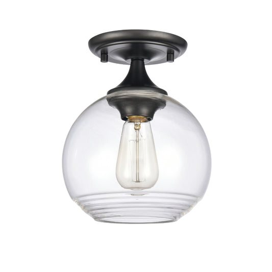 Black semi flush mount with handblown clear glass.