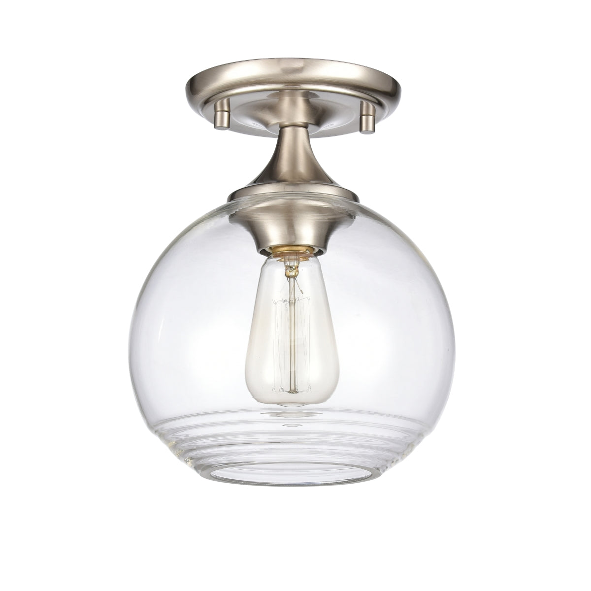 Satin nickel semi flush mount with handblown globe glass for soft and elegant indoor lighting.