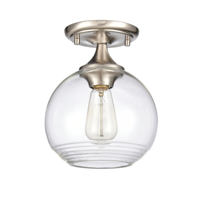 Satin nickel semi flush mount with handblown globe glass for soft and elegant indoor lighting.