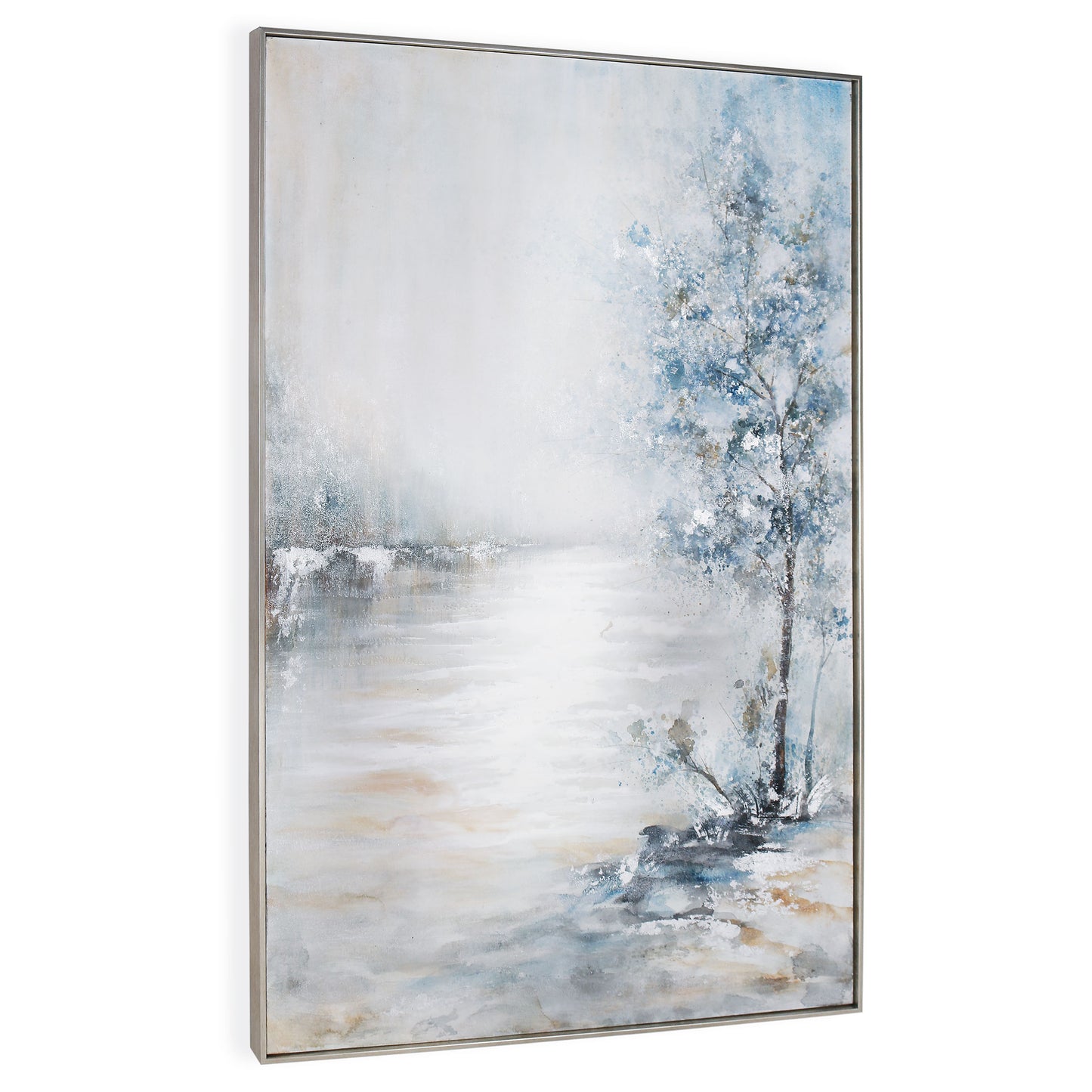 Angled view of Blue Meadow canvas showing silver accents and soft textured brushstrokes.