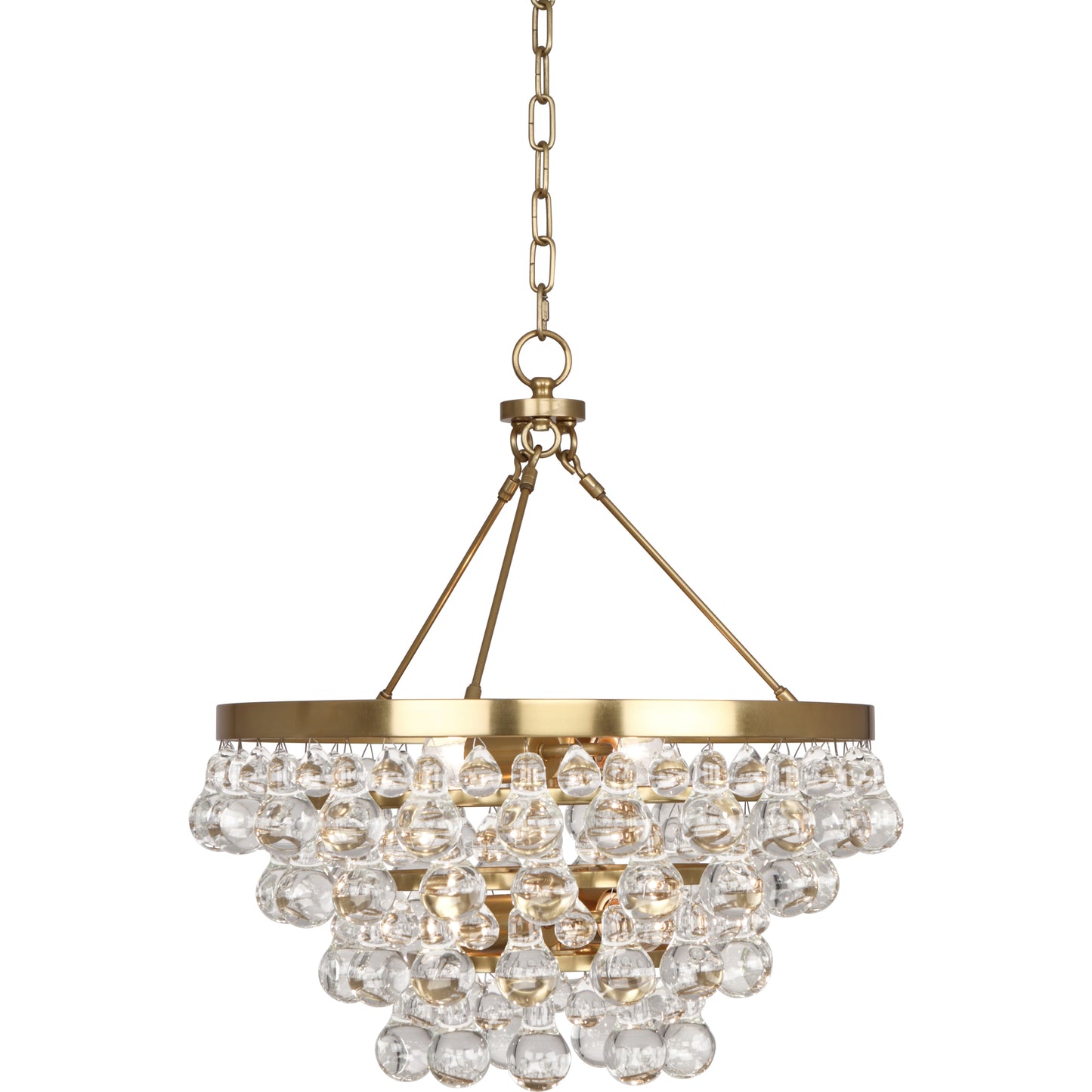 Antique brass chandelier with cascading clear glass drops and adjustable chain.