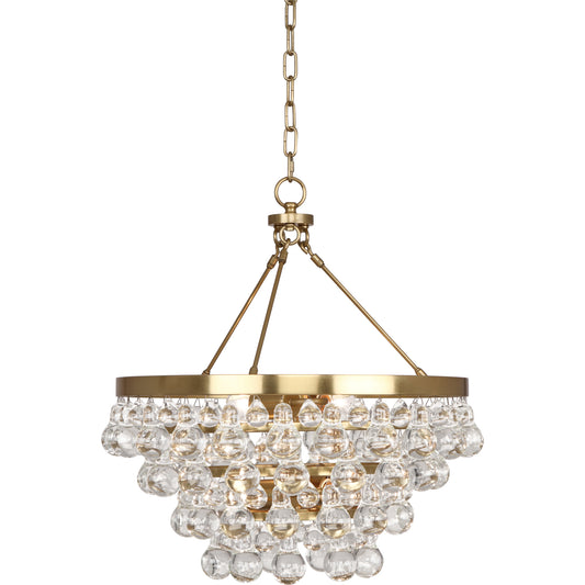 Antique brass chandelier with cascading clear glass drops and adjustable chain.