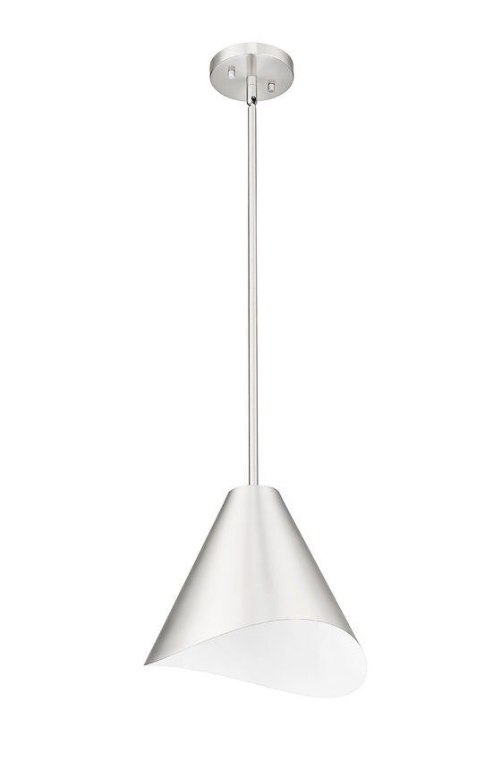 brushed nickel modern single light pendant angled side view.